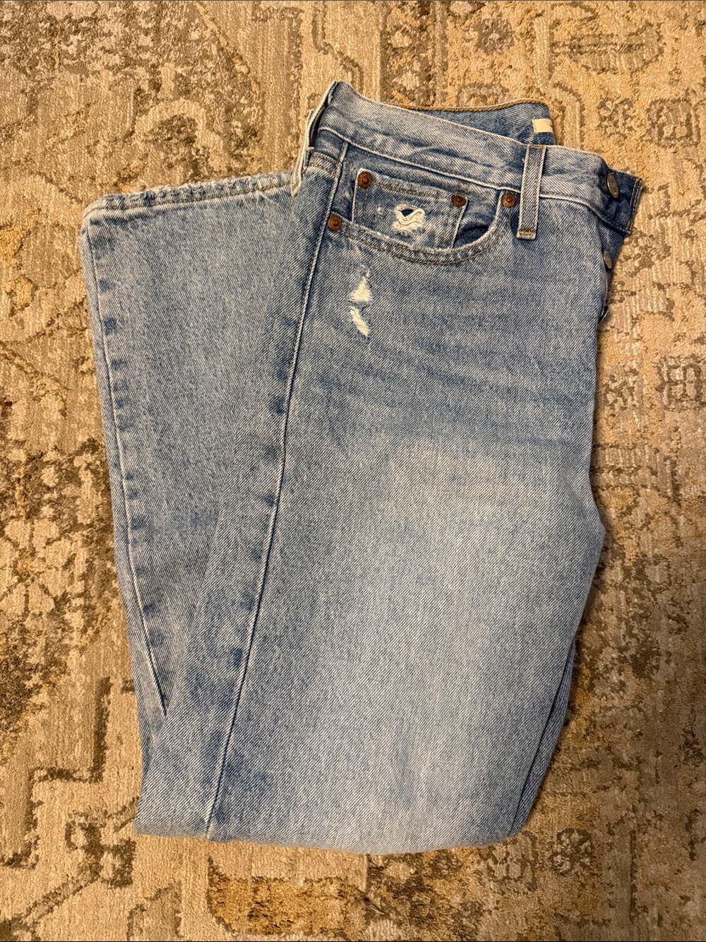 Levi's Women's Light Blue Straight Jeans - Distressed Detail, Size 27